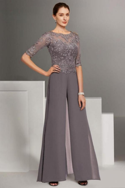 Precioso vestido de dos piezas para la madre de la novia, de gasa, con escote redondo y manga corta, ideal para damas de honor, con apliques.