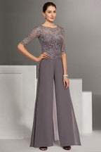 Precioso vestido de dos piezas para la madre de la novia, de gasa, con escote redondo y manga corta, ideal para damas de honor, con apliques.