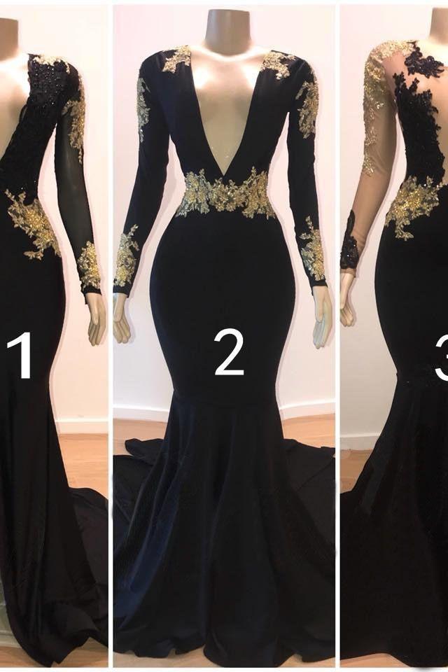 Beautiful V-Neck Long Sleeves Appliques Mermaid Floor-Length Prom Dresses