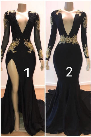 Hermosos vestidos de fiesta de sirena hasta el suelo con escote en V, mangas largas y apliques.