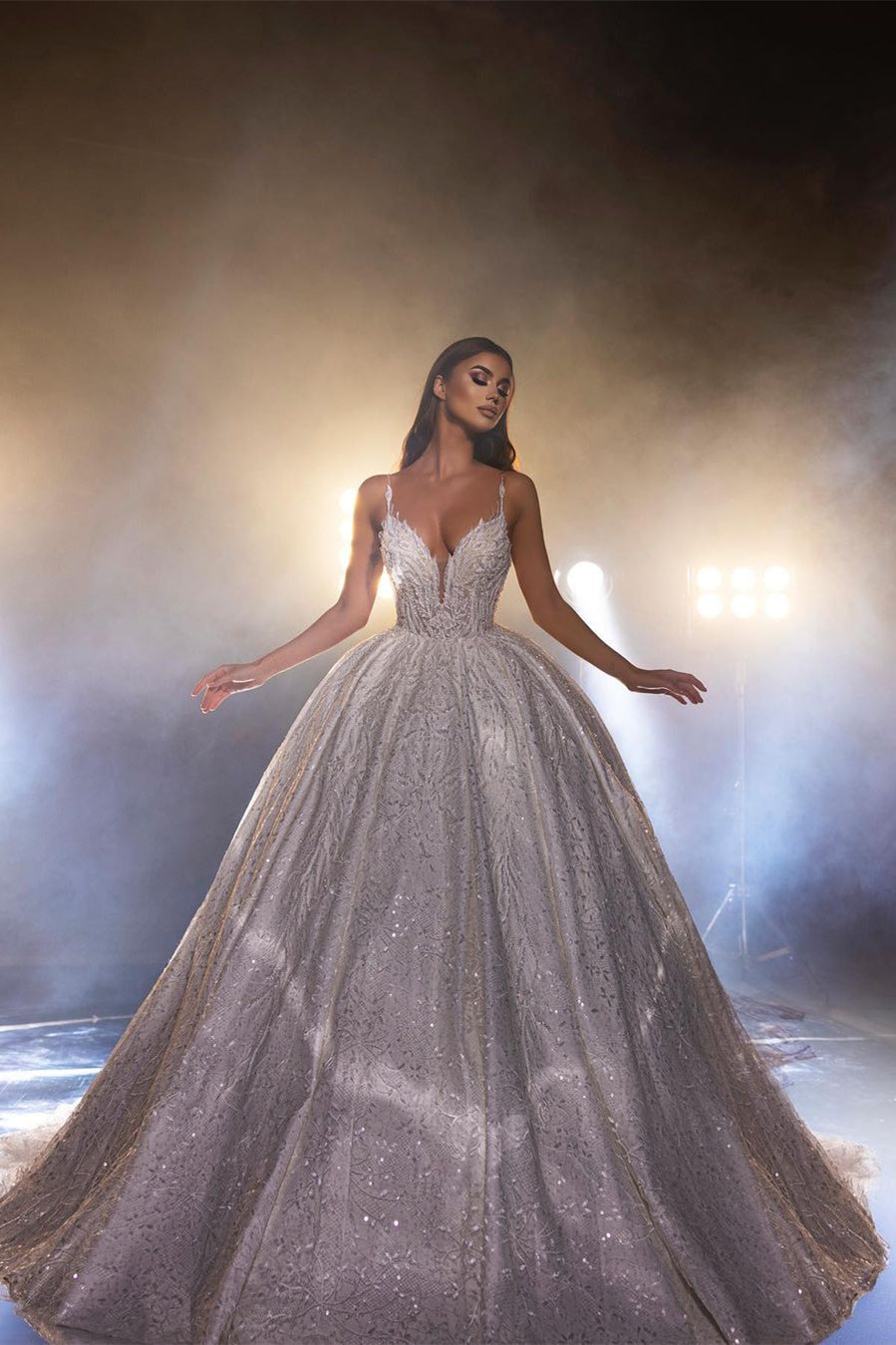 Beautiful White A-line Spaghetti Straps V-neck Wedding Dress With Lace