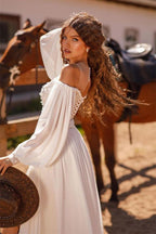 Beautiful White Long Sleeves Prom Dresses Slit Long With Lace Appliques