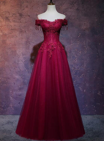 Beautiful Wine Red Tulle Sweetheart Long Prom Dress A-line Party Dress