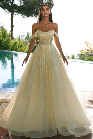 Beautiful Yellow Off-the-shoulder Sequined A-line Prom Dress