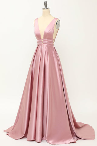 Robe de bal longue en satin rose poudré