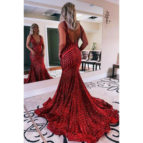 Robe de soirée longue sirène à paillettes, col en V, sans manches, avec traîne