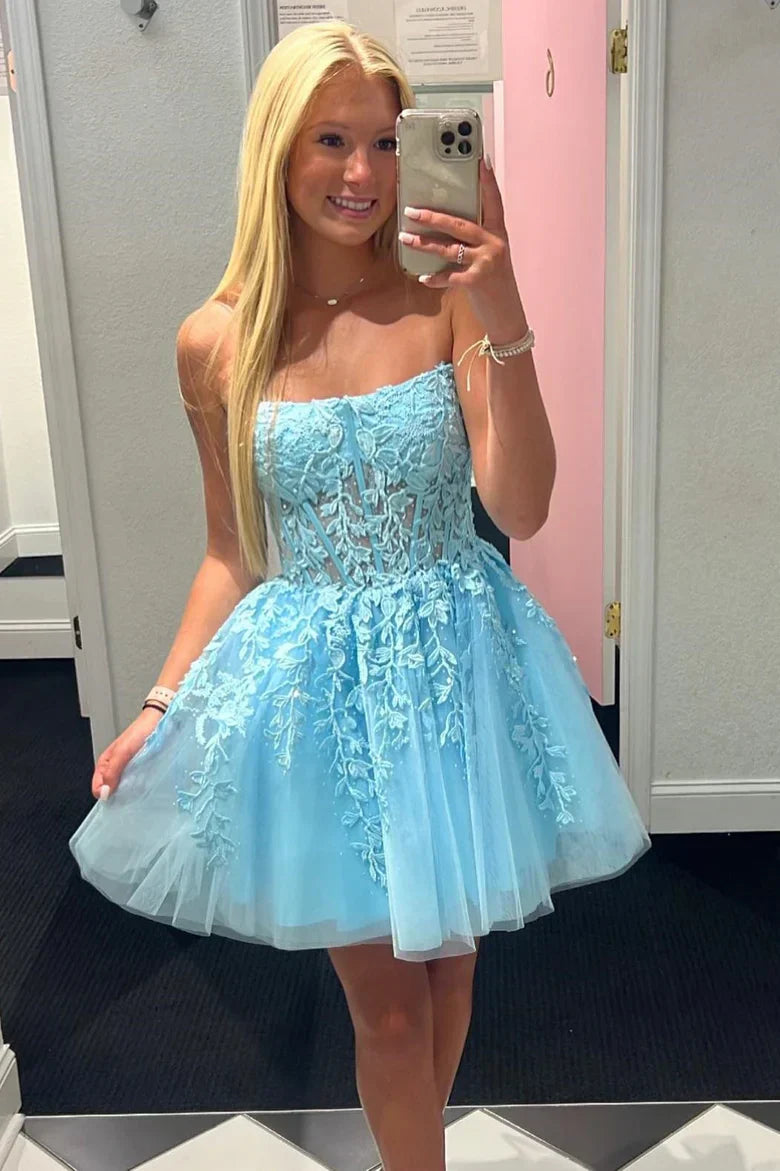 Vestido de fiesta de tul y encaje de corte A con apliques