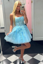 Vestido de fiesta de tul y encaje de corte A con apliques