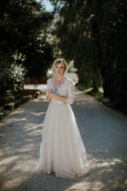 Belt Tulle V-neck Half Sleeves A-line Wedding Dress Bridal Gown WD401