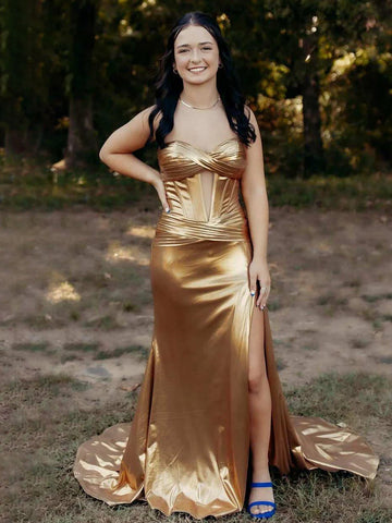 Bencelina | Mermaid Sweetheart Green Metallic Long Prom Dress with Slit