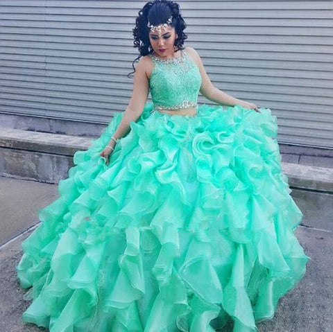 El mejor vestido largo de dos piezas de organza con joyas para quinceañera
