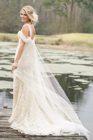 El mejor vestido de novia largo de corte recto con encaje y tul