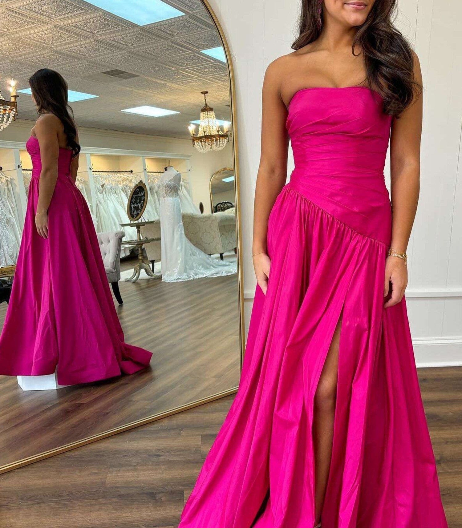 Beth | Fuchsia Strapless Taffeta A-line Long Formal Dress