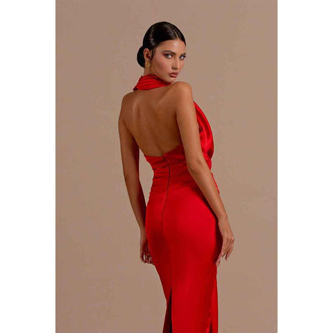 Robe de soirée longue sirène rouge sexy à col en V et plis