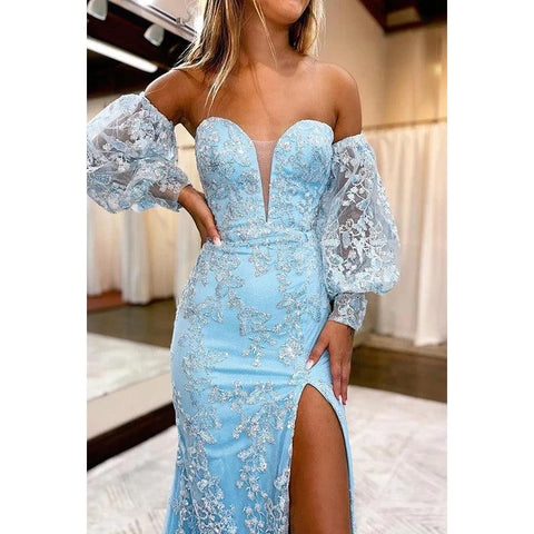 Robe de soirée fourreau/colonne à col en V et manches longues en tulle avec appliques