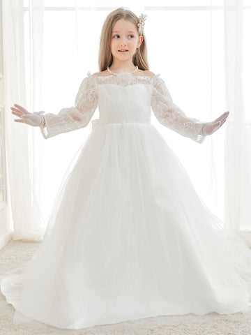 Vestido largo de tul y encaje color marfil, corte en A (2003227154) 