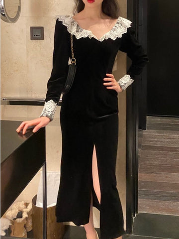 TARUXY Splice Lace Vintage Dresses Women's Black Temperament Slim Dress Lady Side Slit Party Elegant Retro Evening Dress Women