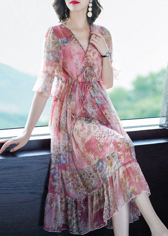 Vestidos largos de verano de gasa con estampado y escote en V rosa bohemio 