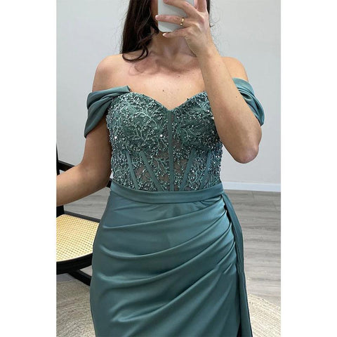 Sheath/column Beaded Off-shoulder Pleast Long Prom Evening Dress