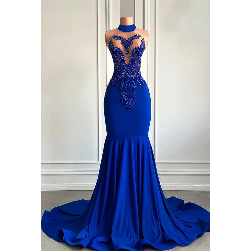 Vestido de fiesta de noche sexy, sin mangas, con cuello alto y volantes dramáticos y glamuroso