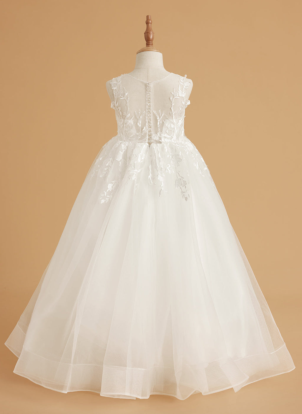Vestido de niña de las flores de encaje y tul color marfil con diseño hasta el suelo y elegante lazo (2003227417) 