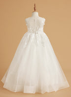 Vestido de niña de las flores de encaje y tul color marfil con diseño hasta el suelo y elegante lazo (2003227417) 