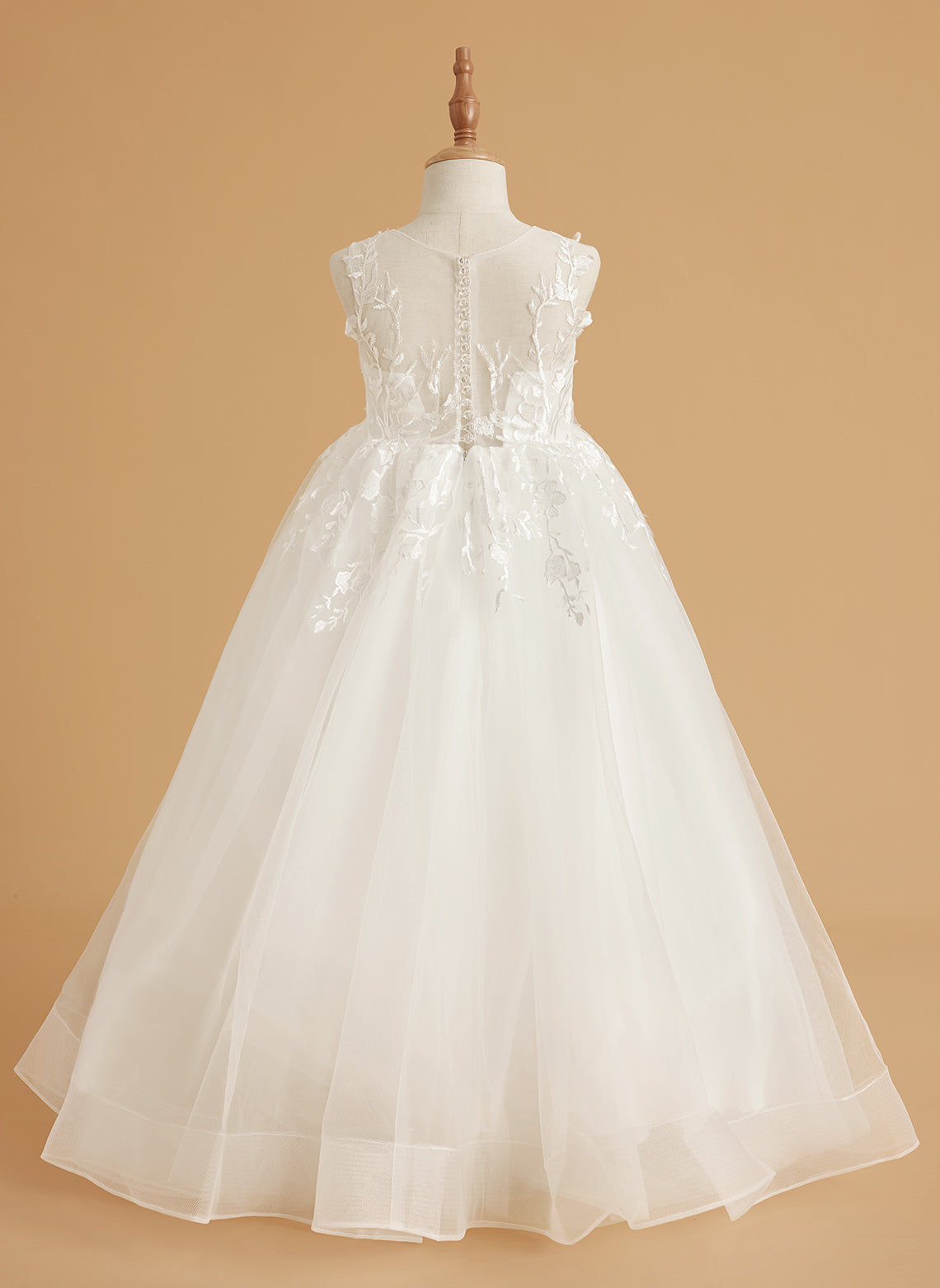 Vestido de niña de las flores de encaje y tul color marfil con diseño hasta el suelo y elegante lazo (2003227417) 