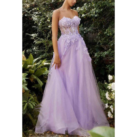 Vestido de noche largo de fiesta de tul transparente con apliques y escote en forma de A, sin tirantes y escote corazón