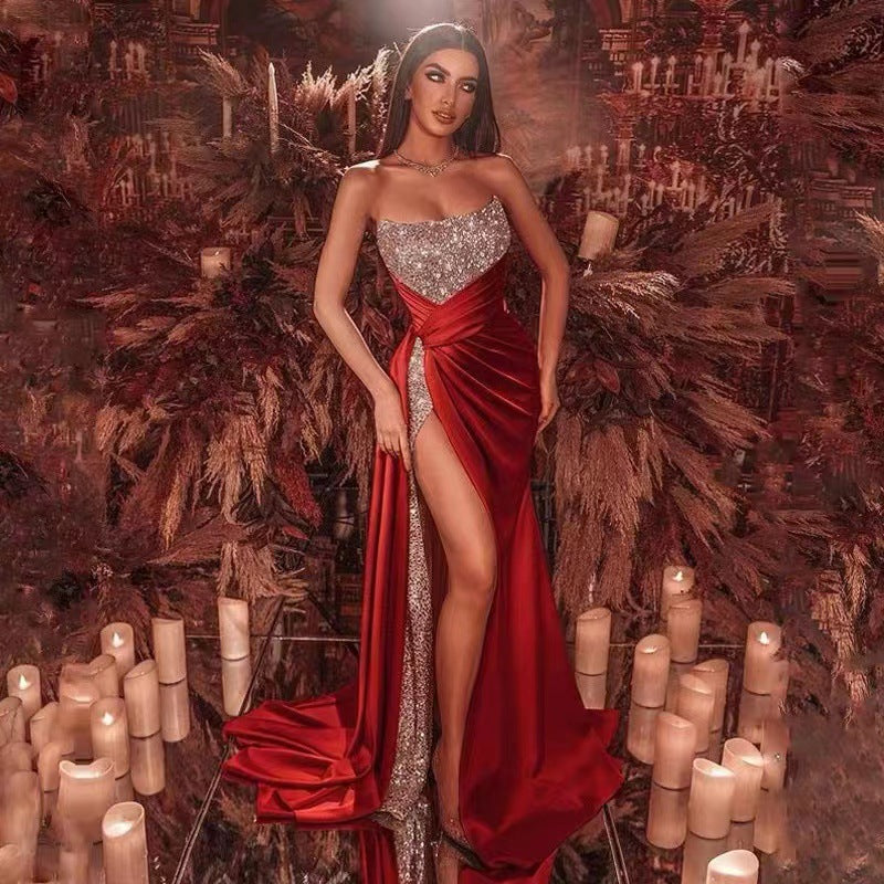 Robe de bal fendue à sequins floraux 