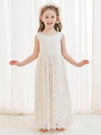 Vestido boho de niña de las flores color marfil, corte en A, de encaje y largo hasta el tobillo 