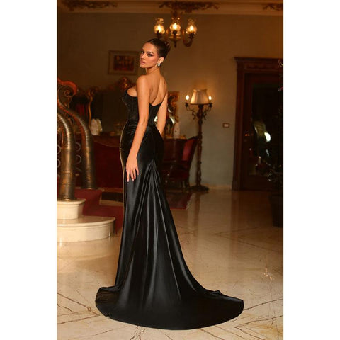 Vestido largo formal de fiesta con abertura y apliques de encaje sin tirantes y corte tubo/columna 