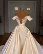 Robes de mariée Biztunnel Charmantes Longues en Satin et Dentelle, Coupe trapèze, épaules dénudées