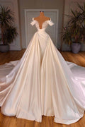 Robes de mariée Biztunnel Charmantes Longues en Satin et Dentelle, Coupe trapèze, épaules dénudées