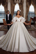 Robe de bal longue ivoire Biztunnel, robe de mariée en satin à épaules dénudées et manches