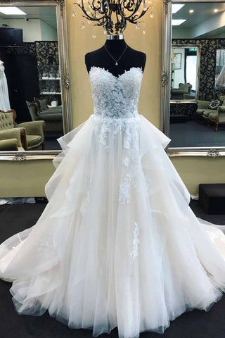 Vestido de novia largo de corte A sin tirantes de encaje y tul Biztunnel