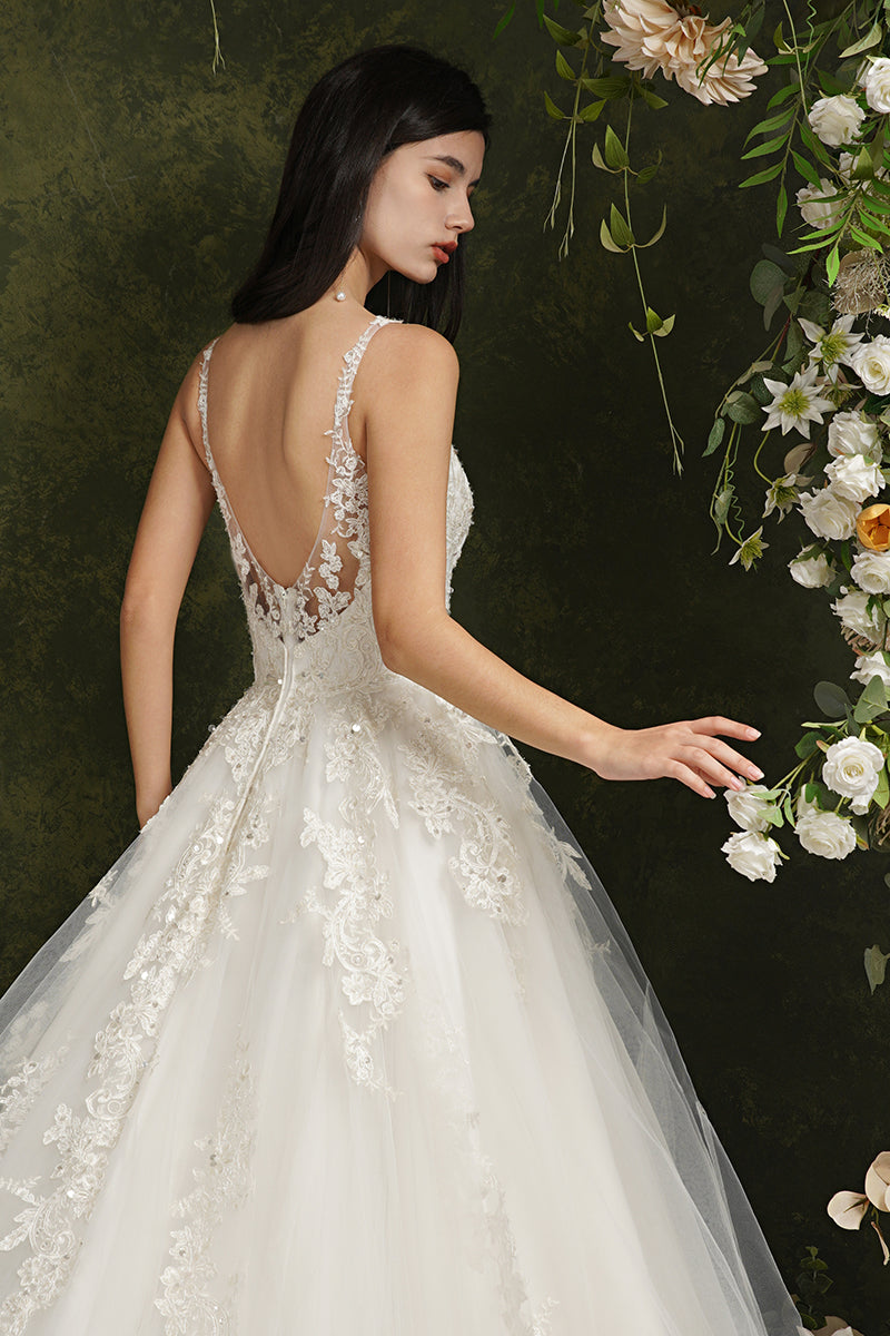 Robes de mariée Biztunnel longues en tulle dentelle dos nu, col V et coupe trapèze, col en V