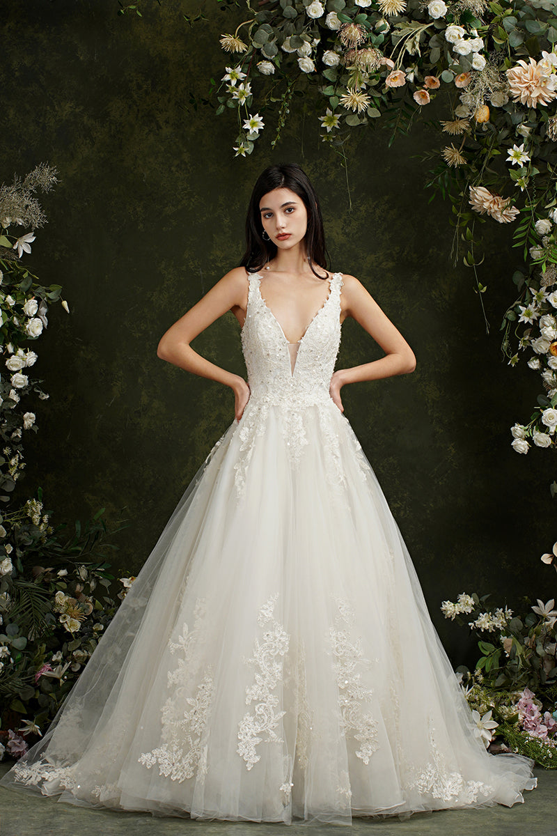 Robes de mariée Biztunnel longues en tulle dentelle dos nu, col V et coupe trapèze, col en V