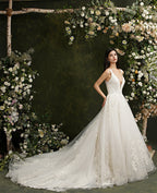 Robes de mariée Biztunnel longues en tulle dentelle dos nu, col V et coupe trapèze, col en V