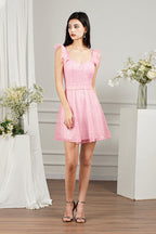 Robe de bal courte rose Biztunnel, coupe trapèze, décolleté cœur, tulle et perles