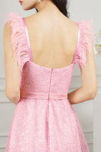 Robe de bal courte rose Biztunnel, coupe trapèze, décolleté cœur, tulle et perles