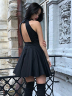 Black A Line Round Neck Pleated Satin Short Prom Homecoming Dresses