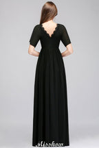 Vestido de dama de honor negro de gasa, corte en A, escote en V y largo hasta el suelo