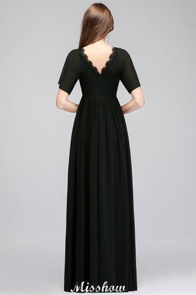 Vestido de dama de honor negro de gasa, corte en A, escote en V y largo hasta el suelo