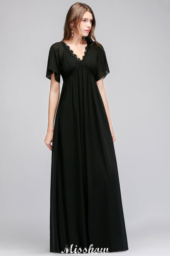 Vestido de dama de honor negro de gasa, corte en A, escote en V y largo hasta el suelo