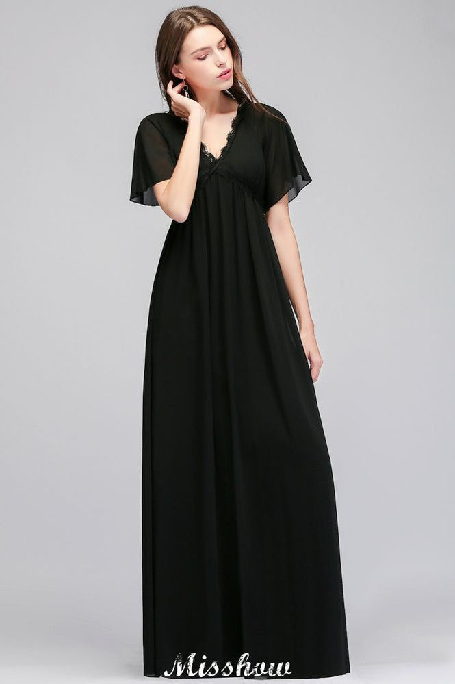 Vestido de dama de honor negro de gasa, corte en A, escote en V y largo hasta el suelo