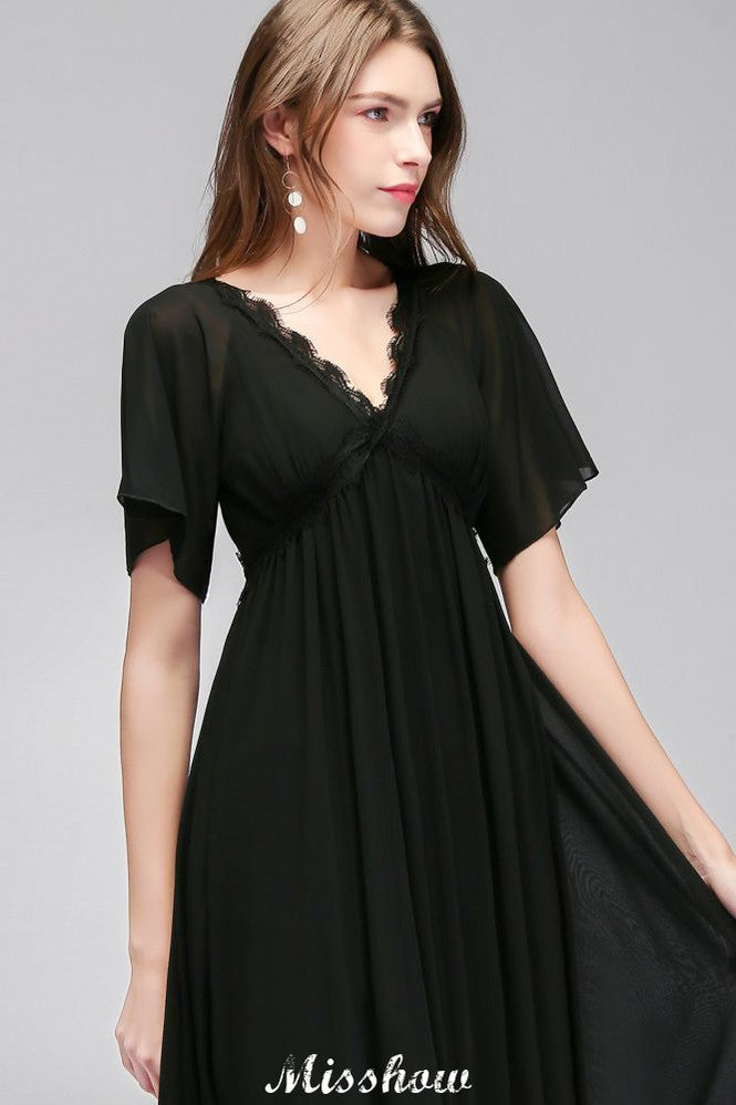Vestido de dama de honor negro de gasa, corte en A, escote en V y largo hasta el suelo