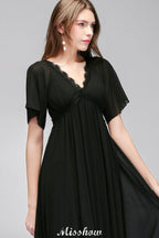 Vestido de dama de honor negro de gasa, corte en A, escote en V y largo hasta el suelo