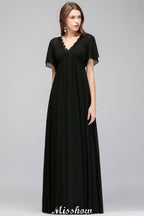 Vestido de dama de honor negro de gasa, corte en A, escote en V y largo hasta el suelo