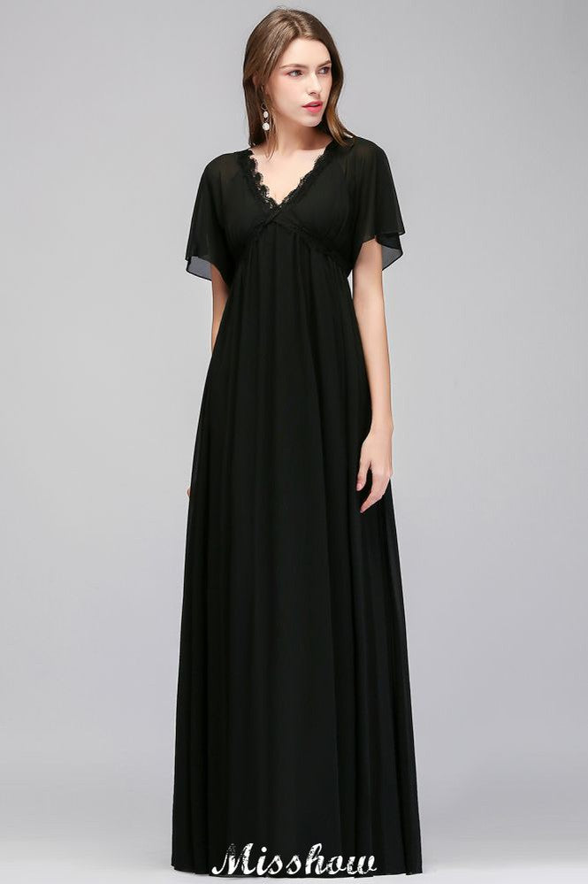 Vestido de dama de honor negro de gasa, corte en A, escote en V y largo hasta el suelo
