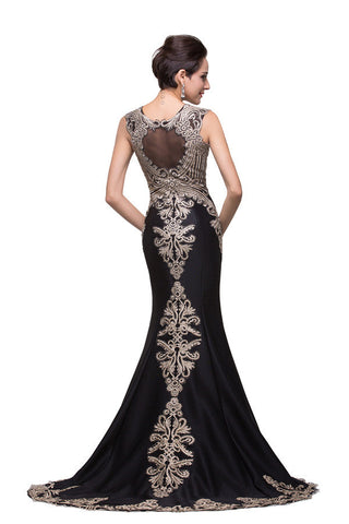 Black Crew Sweep-length Appliqued Mermaid Prom Dresses